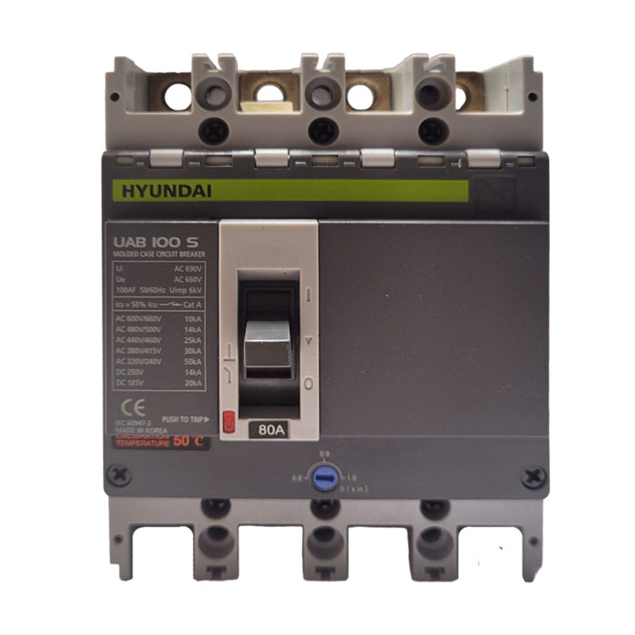 HYUNDAI UAB100-S4PT4080F INTERRUPTOR CAJA MOLDEADA TERMINAL AJUSTABLE 4 POLOS 30kA 63-80A